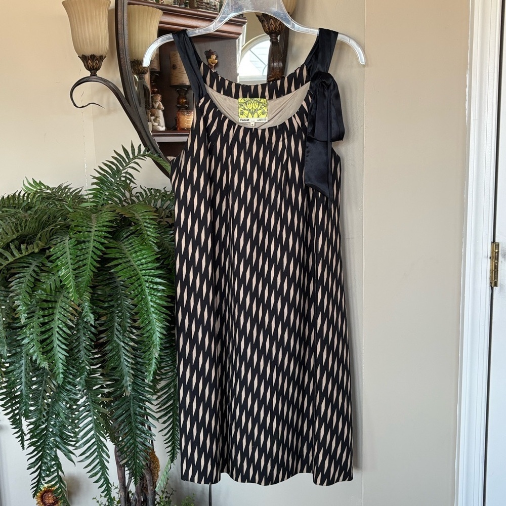 Anthropologie Floreat 100% Silk Endless Diamonds A- Line Shift Dress Satin Bow